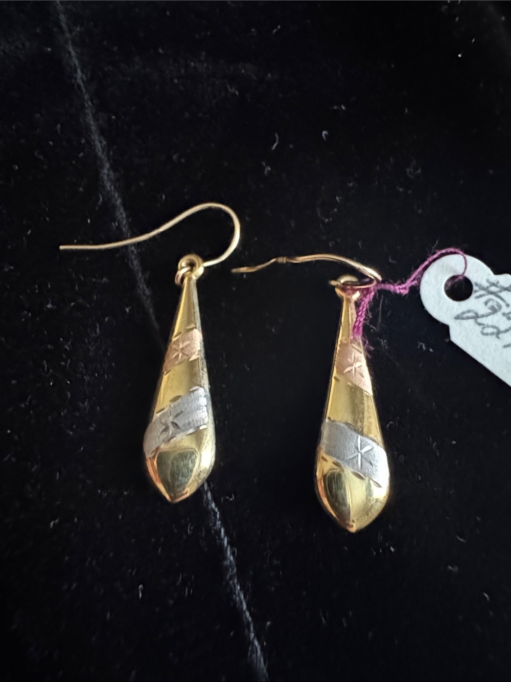 14K Gold Tri-Tone Teardrop‎ Dangle Earrings - Gold, Rose & Silver Accents